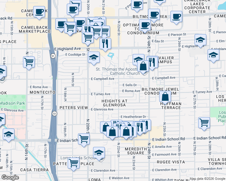 map of restaurants, bars, coffee shops, grocery stores, and more near 2138 East Turney Avenue in Phoenix