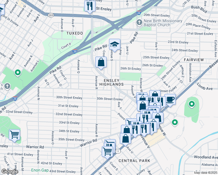 map of restaurants, bars, coffee shops, grocery stores, and more near 2802 Ensley 5 Points West Avenue in Birmingham