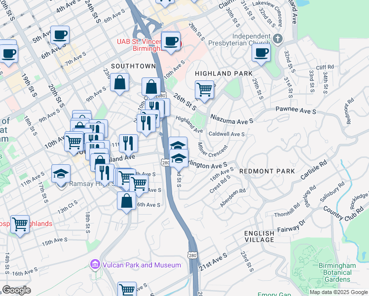 map of restaurants, bars, coffee shops, grocery stores, and more near 1236 22nd Street South in Birmingham