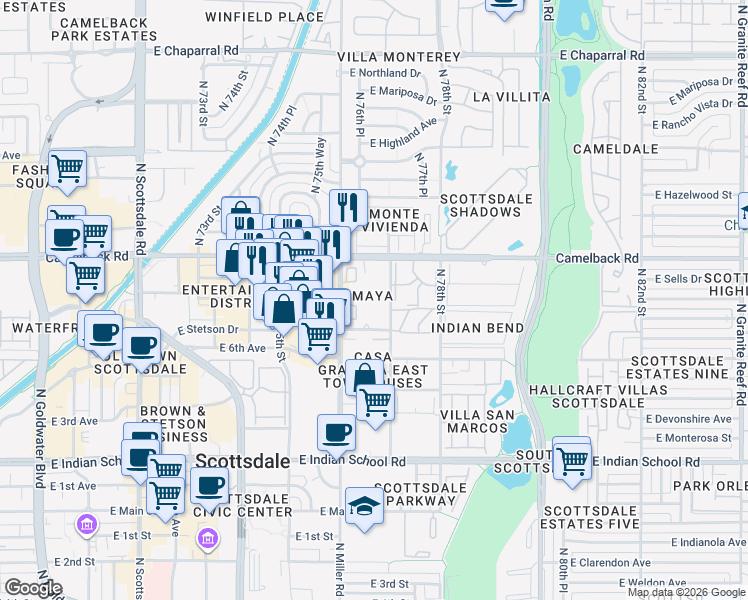 map of restaurants, bars, coffee shops, grocery stores, and more near in Scottsdale