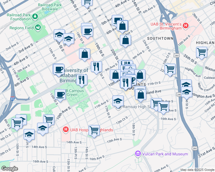 map of restaurants, bars, coffee shops, grocery stores, and more near 924 18th Street South in Birmingham