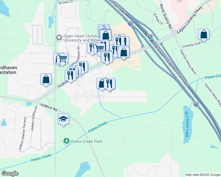 map of restaurants, bars, coffee shops, grocery stores, and more near 208 North Main Court in Stockbridge
