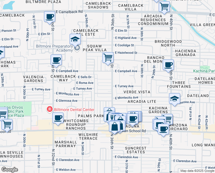 map of restaurants, bars, coffee shops, grocery stores, and more near 4352 North 36th Street in Phoenix
