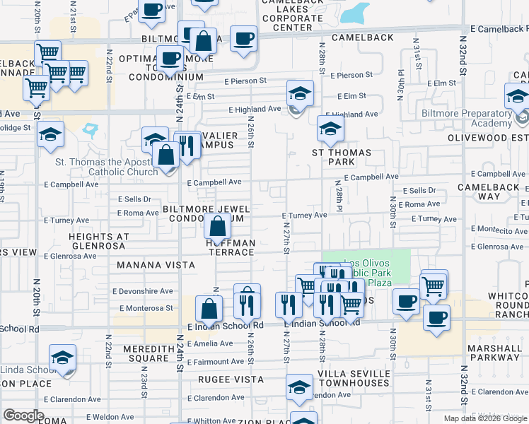 map of restaurants, bars, coffee shops, grocery stores, and more near 2608 East Turney Avenue in Phoenix
