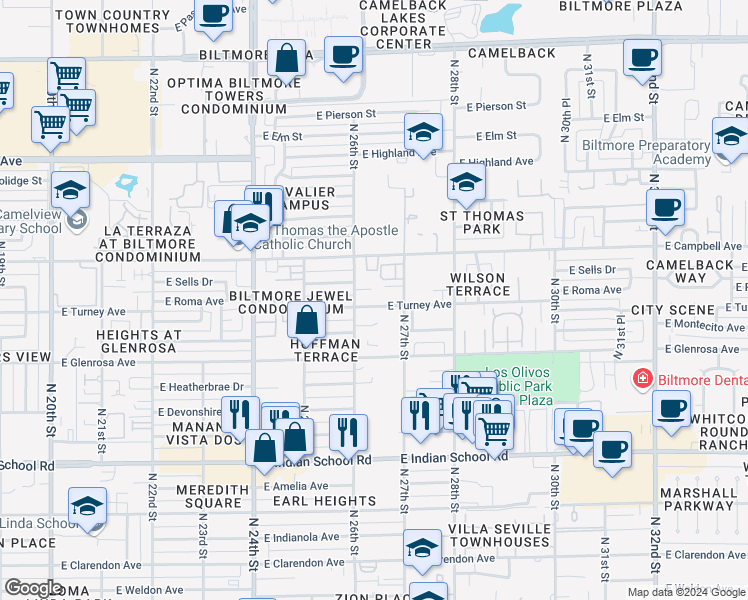 map of restaurants, bars, coffee shops, grocery stores, and more near 2608 East Turney Avenue in Phoenix