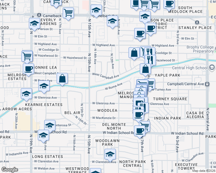 map of restaurants, bars, coffee shops, grocery stores, and more near 1311 West Sells Drive in Phoenix