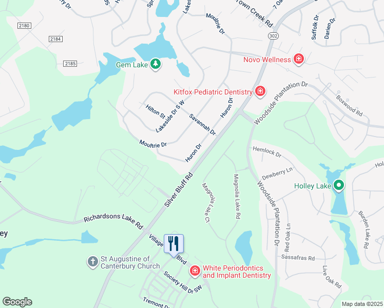map of restaurants, bars, coffee shops, grocery stores, and more near 2031 Huron Drive in Aiken