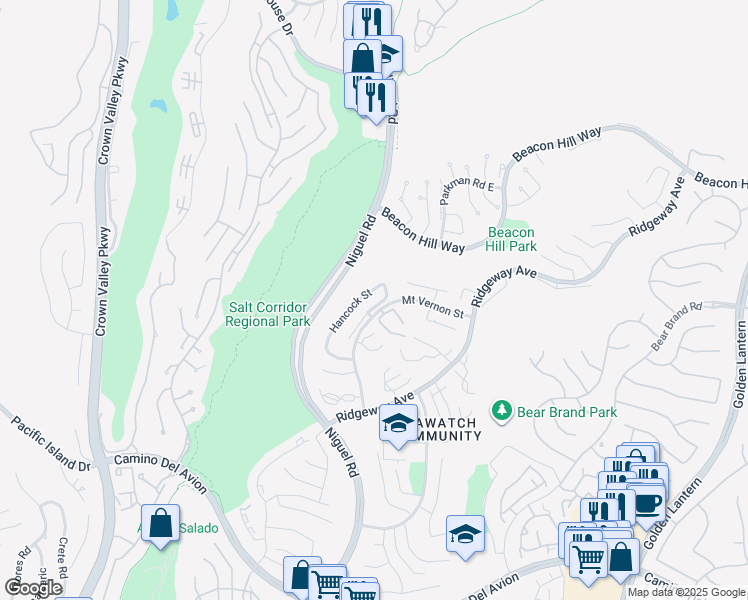 map of restaurants, bars, coffee shops, grocery stores, and more near 5 Lindall Street in Laguna Niguel
