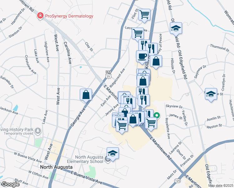 map of restaurants, bars, coffee shops, grocery stores, and more near 207 East Martintown Road in North Augusta