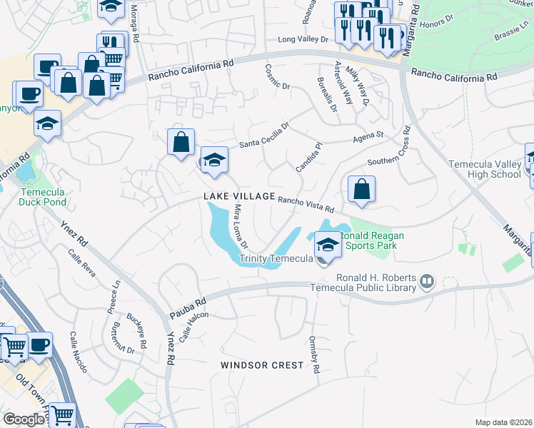 map of restaurants, bars, coffee shops, grocery stores, and more near 42691 San Julian Place in Temecula