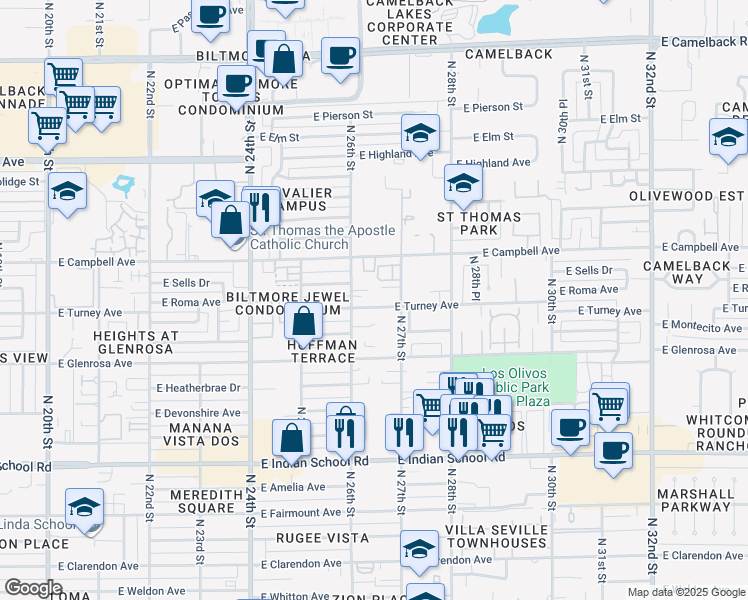 map of restaurants, bars, coffee shops, grocery stores, and more near 2629 East Roma Avenue in Phoenix