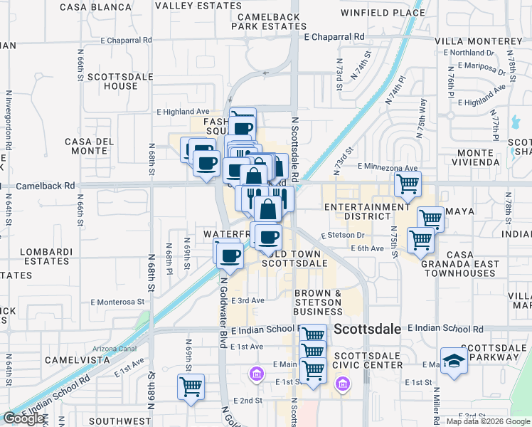 map of restaurants, bars, coffee shops, grocery stores, and more near 165 North Marshall Way in Scottsdale