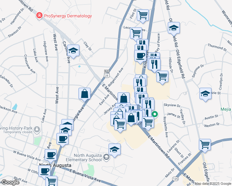 map of restaurants, bars, coffee shops, grocery stores, and more near 207 E Martintown Rd in North Augusta