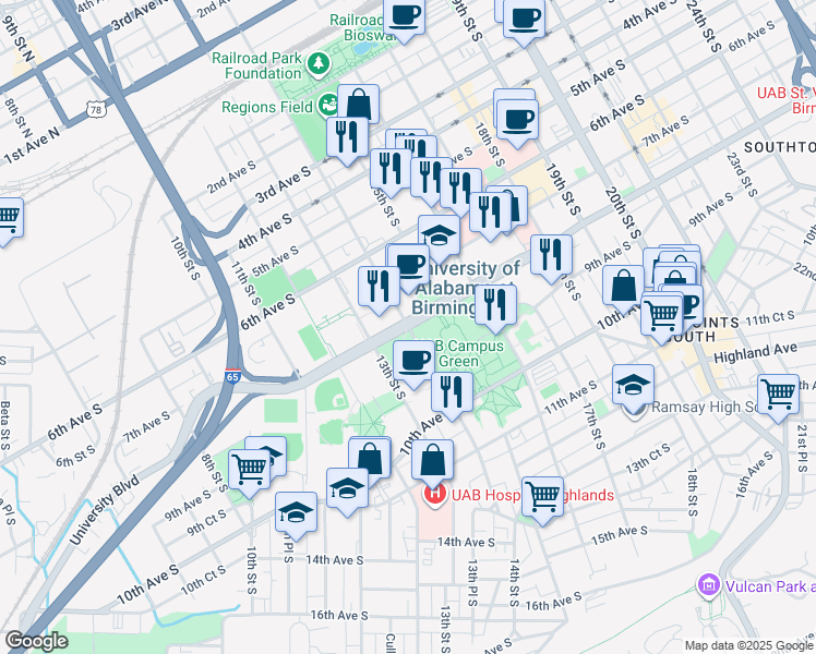 map of restaurants, bars, coffee shops, grocery stores, and more near 14th Street South in Birmingham