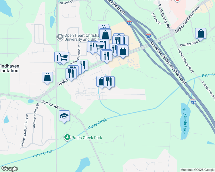 map of restaurants, bars, coffee shops, grocery stores, and more near 204 North Main Court in Stockbridge