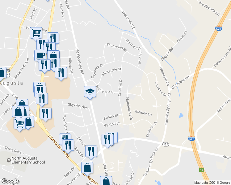 map of restaurants, bars, coffee shops, grocery stores, and more near 994 McKenzie Street in North Augusta