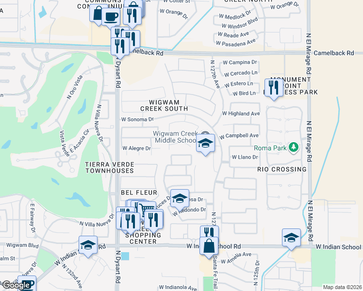 map of restaurants, bars, coffee shops, grocery stores, and more near 12825 West Alegre Drive in Litchfield Park