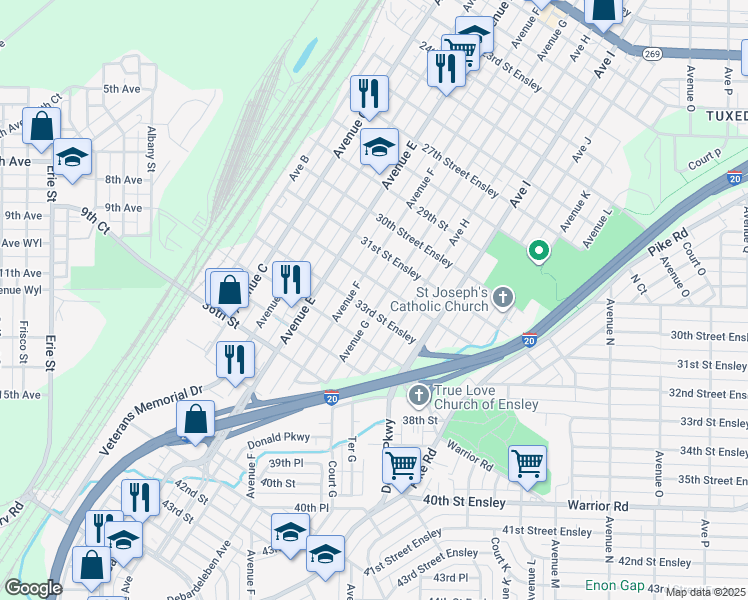 map of restaurants, bars, coffee shops, grocery stores, and more near 3204 Avenue G in Birmingham