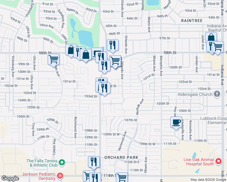 map of restaurants, bars, coffee shops, grocery stores, and more near 10203 Peoria Avenue in Lubbock