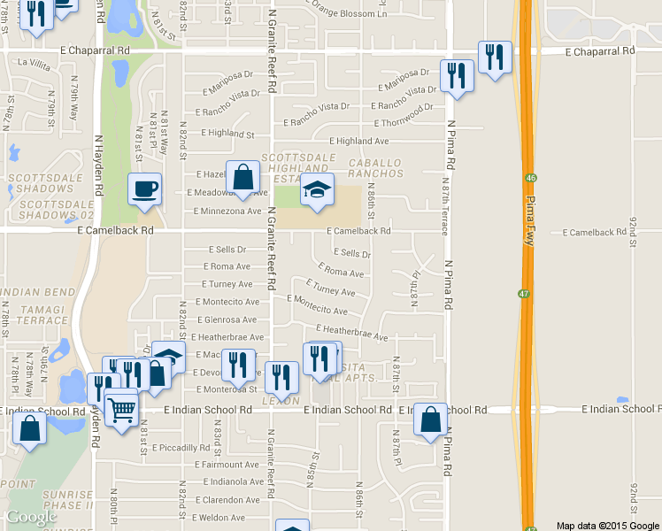 map of restaurants, bars, coffee shops, grocery stores, and more near 8531 East Sells Drive in Scottsdale