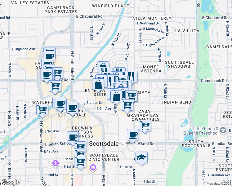 map of restaurants, bars, coffee shops, grocery stores, and more near 4422 North 75th Street in Scottsdale