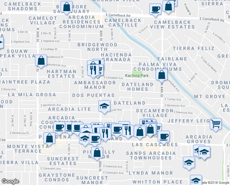 map of restaurants, bars, coffee shops, grocery stores, and more near 4412 North 41st Place in Phoenix