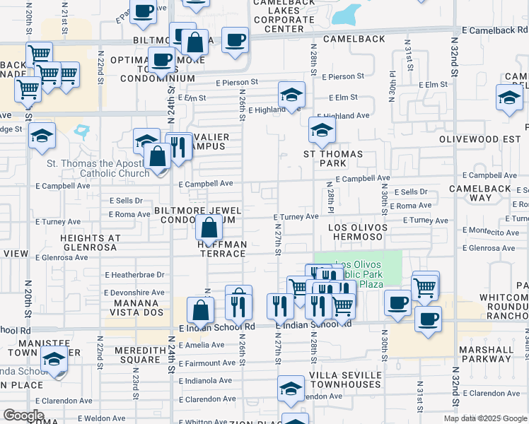 map of restaurants, bars, coffee shops, grocery stores, and more near 2629 East Roma Avenue in Phoenix