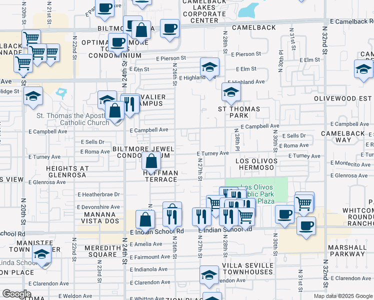 map of restaurants, bars, coffee shops, grocery stores, and more near 2629 East Roma Avenue in Phoenix