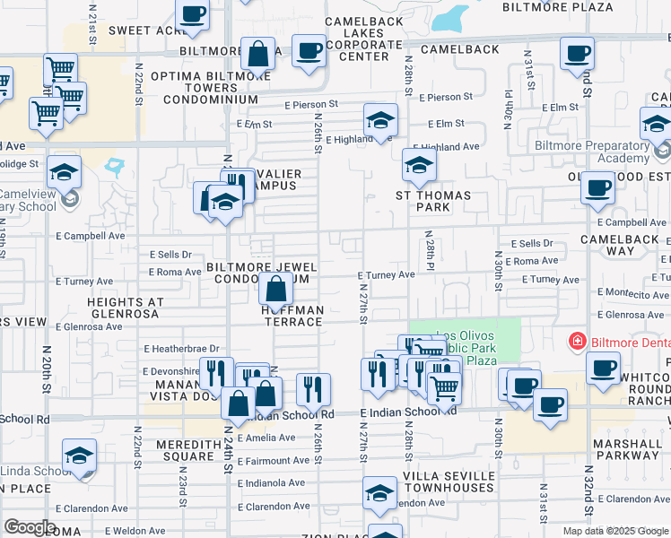 map of restaurants, bars, coffee shops, grocery stores, and more near 2629 East Roma Avenue in Phoenix