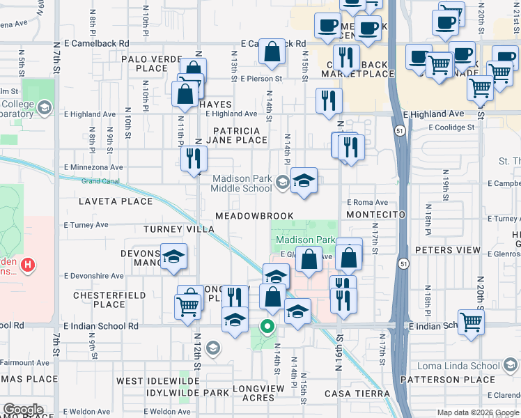 map of restaurants, bars, coffee shops, grocery stores, and more near 4428 North 13th Place in Phoenix