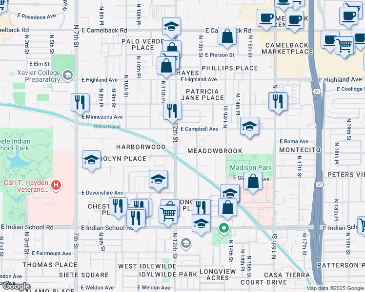 map of restaurants, bars, coffee shops, grocery stores, and more near 4417 North 12th Street in Phoenix