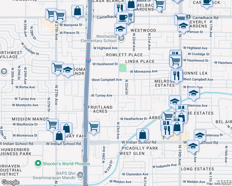 map of restaurants, bars, coffee shops, grocery stores, and more near 4430 North 23rd Avenue in Phoenix