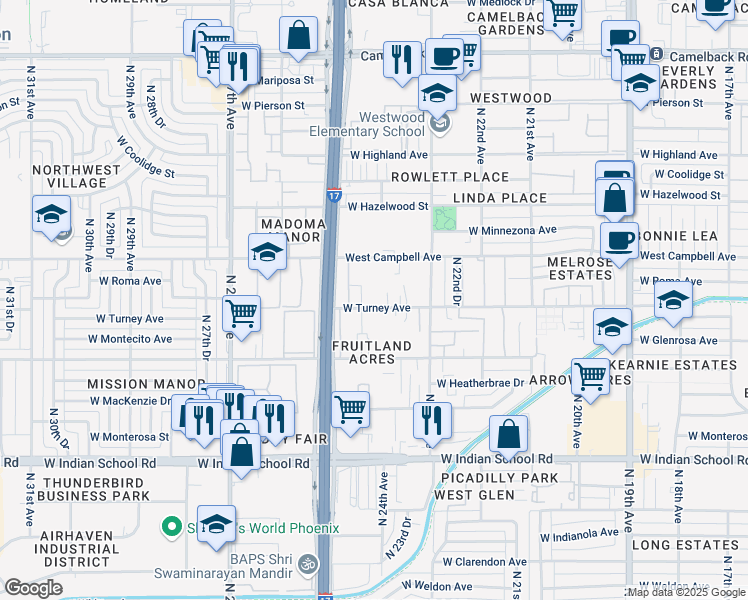 map of restaurants, bars, coffee shops, grocery stores, and more near 2432 West Turney Avenue in Phoenix