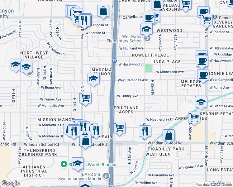 map of restaurants, bars, coffee shops, grocery stores, and more near 4410 North Black Canyon Highway in Phoenix