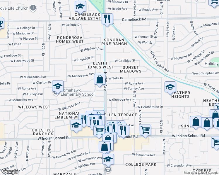 map of restaurants, bars, coffee shops, grocery stores, and more near 7415 West Roma Avenue in Phoenix