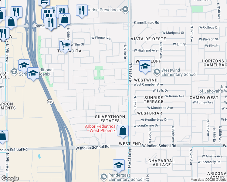 map of restaurants, bars, coffee shops, grocery stores, and more near 4312-4498 North 91st Avenue in Phoenix