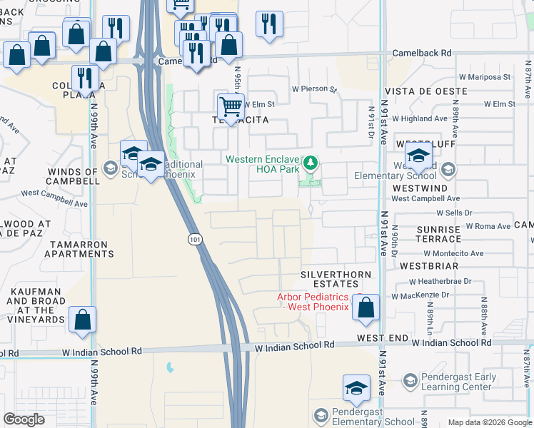 map of restaurants, bars, coffee shops, grocery stores, and more near 9344 West Sells Drive in Phoenix