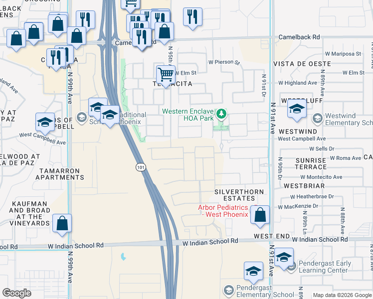 map of restaurants, bars, coffee shops, grocery stores, and more near 9430 West Sells Drive in Phoenix