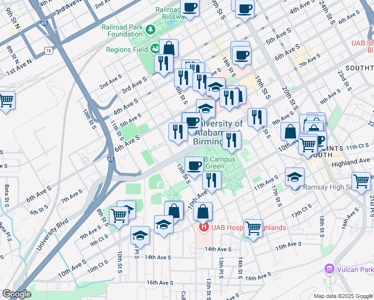 map of restaurants, bars, coffee shops, grocery stores, and more near 1400 University Boulevard in Birmingham