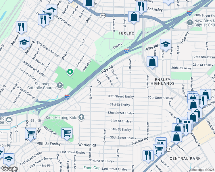 map of restaurants, bars, coffee shops, grocery stores, and more near 1429 27th Street Ensley in Birmingham