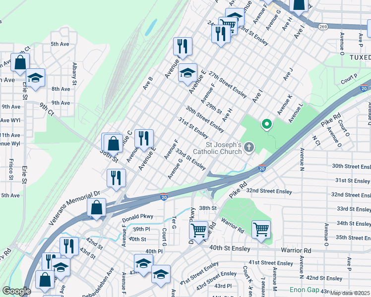 map of restaurants, bars, coffee shops, grocery stores, and more near 3204 Avenue G in Birmingham