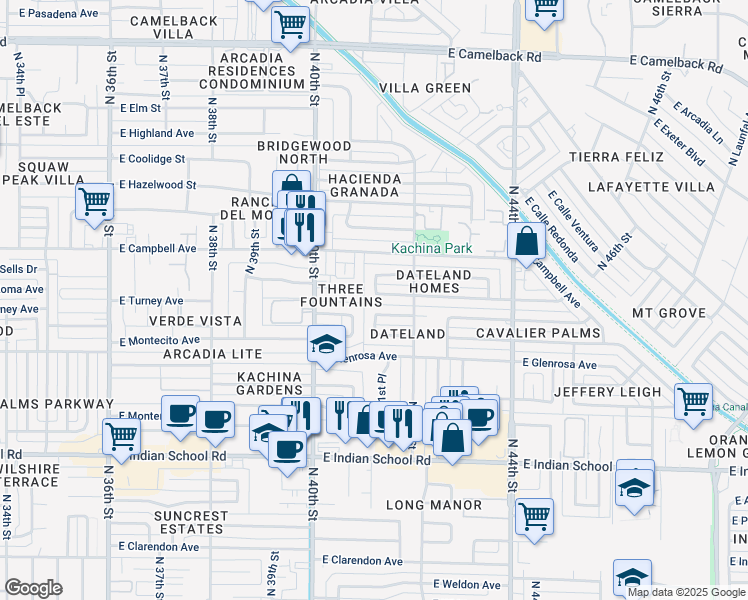map of restaurants, bars, coffee shops, grocery stores, and more near 4111 East Roma Avenue in Phoenix