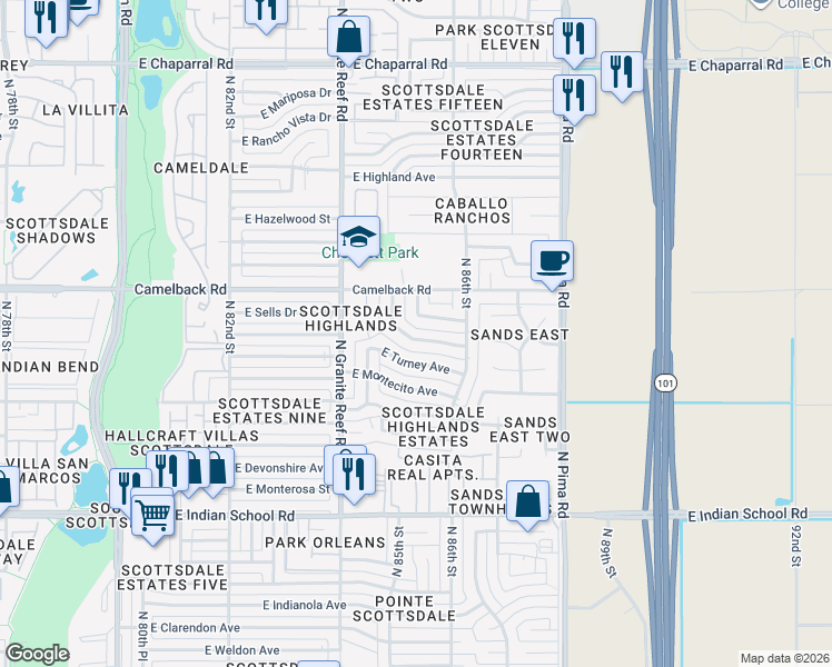 map of restaurants, bars, coffee shops, grocery stores, and more near 8531 East Sells Drive in Scottsdale