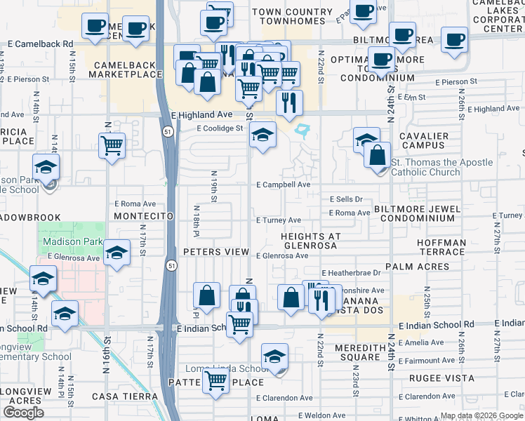 map of restaurants, bars, coffee shops, grocery stores, and more near 2025 East Campbell Avenue in Phoenix