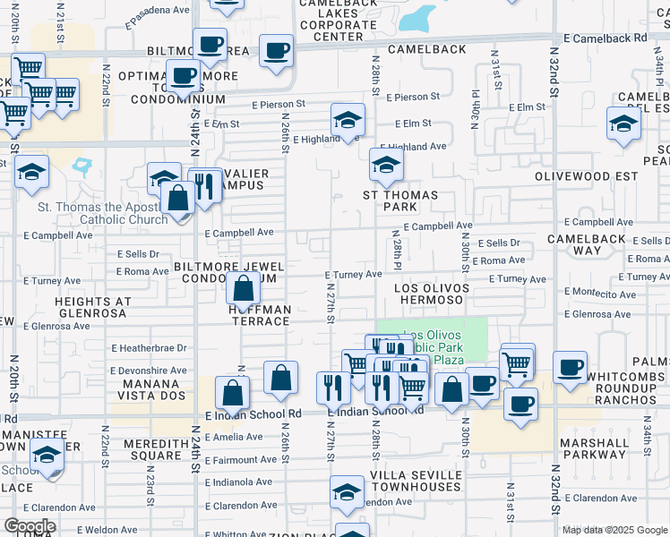 map of restaurants, bars, coffee shops, grocery stores, and more near 2714 East Turney Avenue in Phoenix