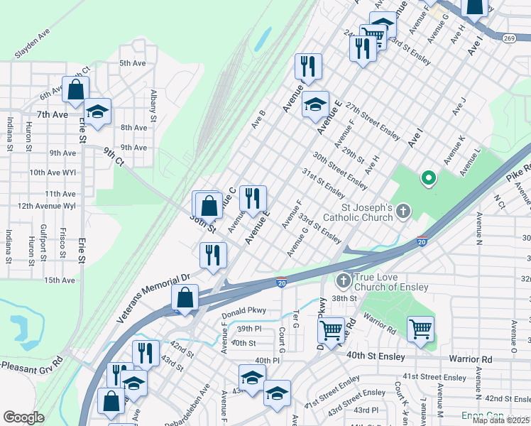 map of restaurants, bars, coffee shops, grocery stores, and more near Ave in Birmingham