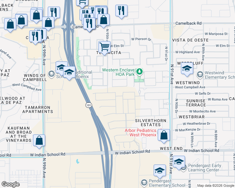 map of restaurants, bars, coffee shops, grocery stores, and more near 9430 West Sells Drive in Phoenix