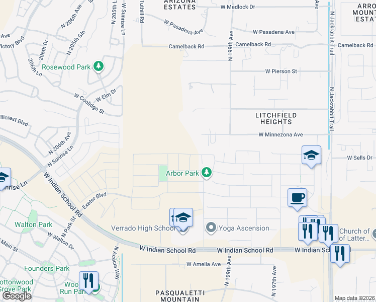 map of restaurants, bars, coffee shops, grocery stores, and more near 20011 West Minnezona Avenue in Litchfield Park