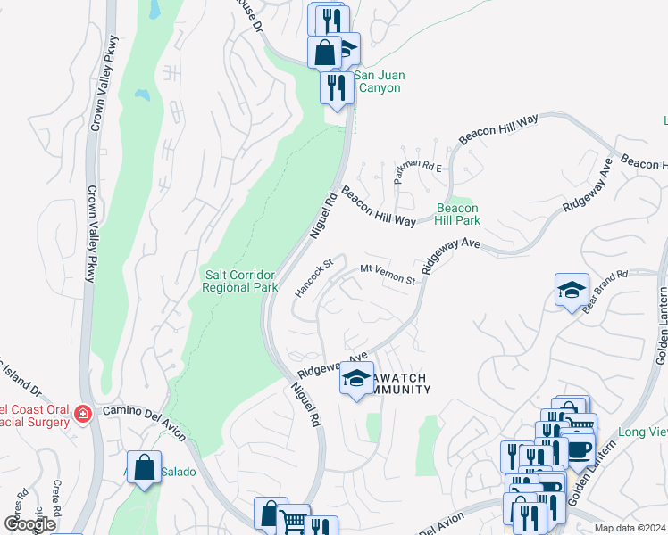 map of restaurants, bars, coffee shops, grocery stores, and more near 5 Lindall Street in Laguna Niguel