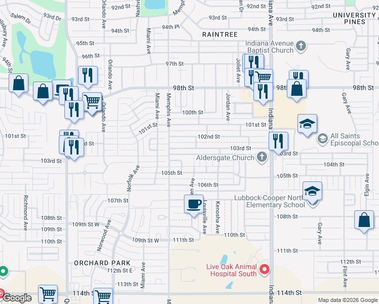 map of restaurants, bars, coffee shops, grocery stores, and more near 3705 103rd Street in Lubbock